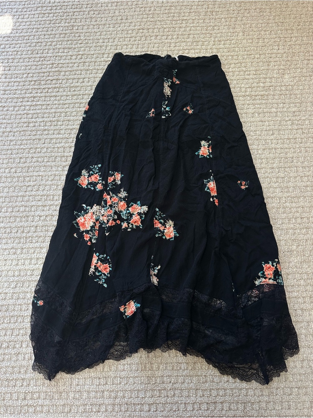 Free People Black Flowy Floral Boho Lace Midi Skirt Sz 0